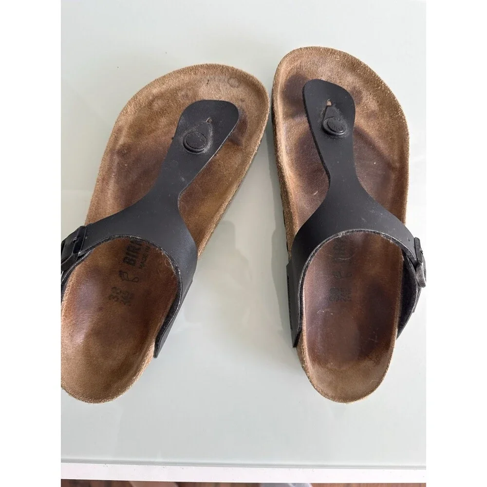 ✿ Birkenstock Gizeh Black Leather Sandals EU 39 US 8 Thong Comfort Germany